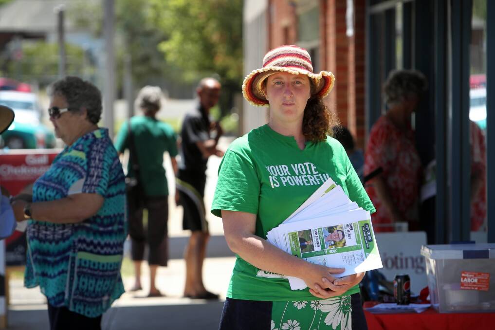 Greens volunteer Toni Brezac says she has seen more incidents of how-to-vote cards being altered by hand in Wangaratta. Picture: MATTHEW SMITHWICK