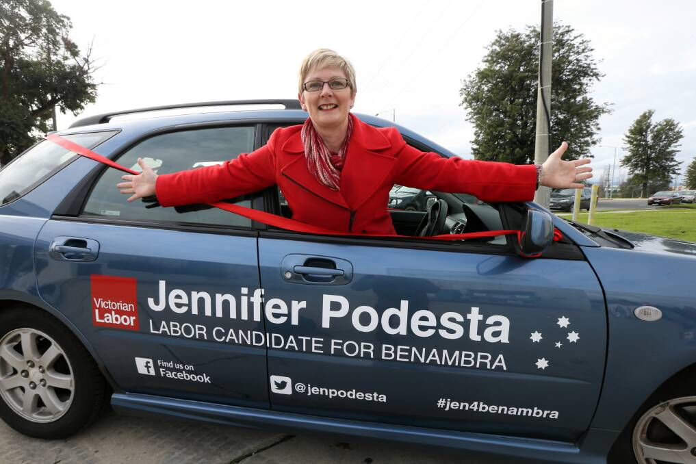 Jennifer Podesta in her campaign car “Jen’s jalopy” yesterday. Picture: PETER MERKESTEYN