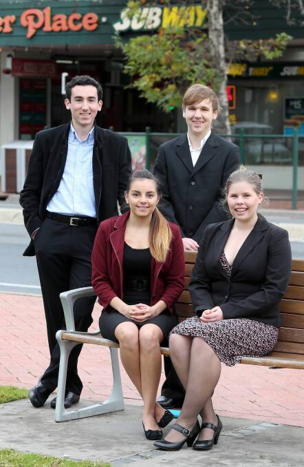 Jacob Mildren, 17, Tahlia Biggs, 17, Cody Power, 17, and Ashley Whitehead, 16, are off to Melbourne to take part in the YMCA Victorian Youth Parliament program. Picture: JOHN RUSSELL