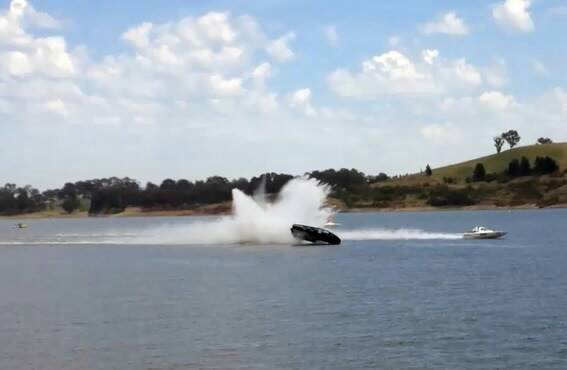 An onlooker filmed the crash at Lake Hume, which saw driver Geoff Sutton thrown from his boat at 160km/h.