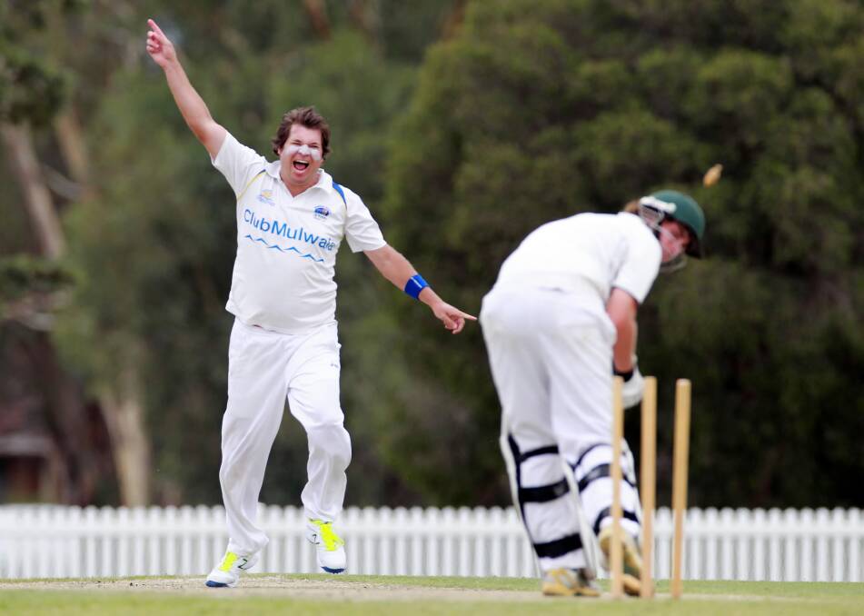 Laker Nathan Thomas celebrates after rattling the stumps of Hamish Busk for four. Pictures: KYLIE ESLER