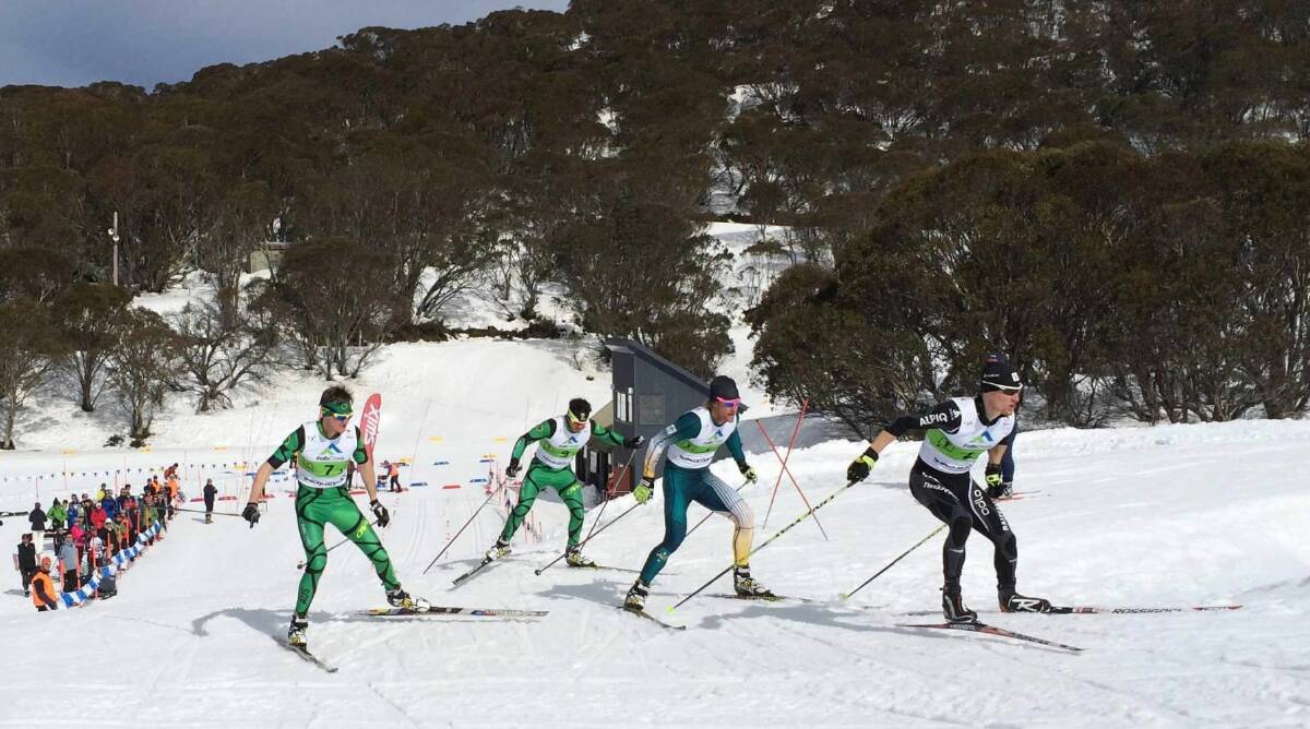 Phil Bellingham sits on the tail of Valerio Leccardi with Paul Kovacs and Alasdair Tutt hot on their heels in the freestyle sprint final at Falls Creek.