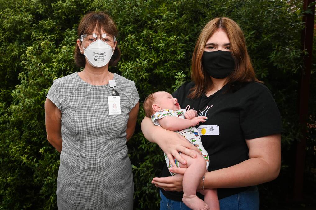 AWH Director of Womens and Childrens Services, Julie Wright with Tahlia Segelow and her son Arthur Quinn, 2 months. Picture: MARK JESSER 