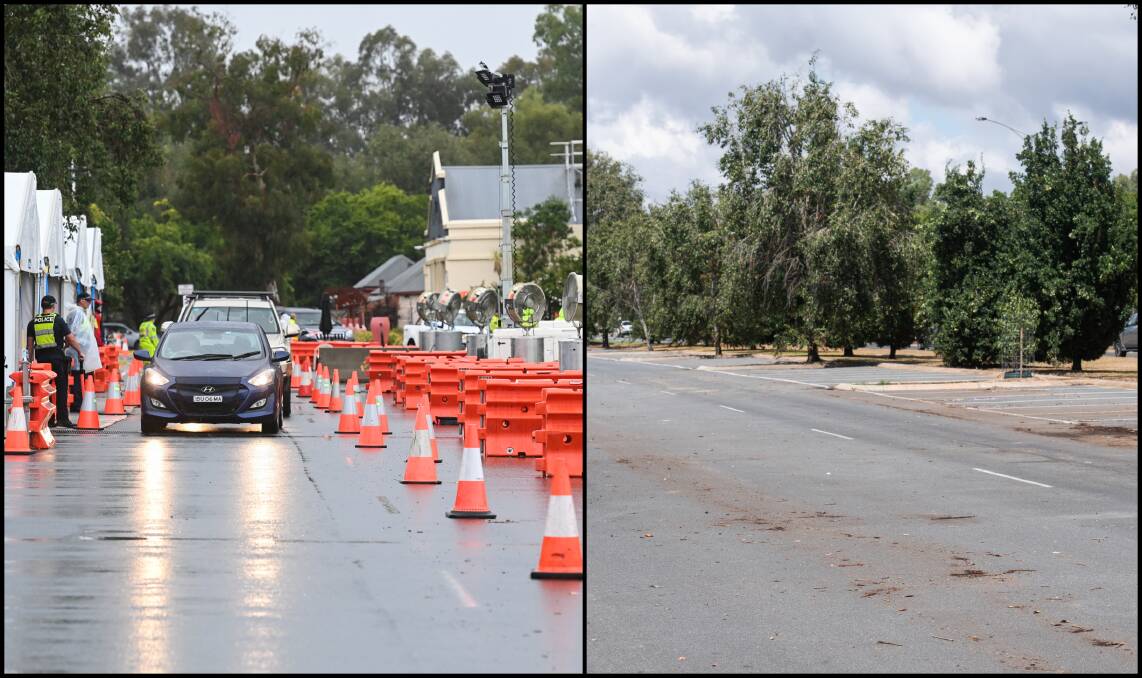 LEFT: Victoria Police check the final cars crossing the Lincoln Causeway on Friday evening. RIGHT: What was left of the checkpoint on Saturday. Pictures: MARK JESSER