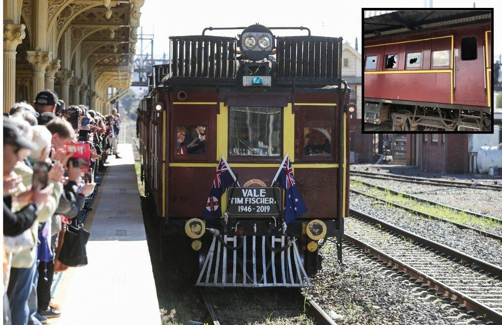 SENSELESS: In August 2019 the CPH class railmotors transported Tim Fischer's coffin to Albury for his state funeral. Insert: Some of the damage done by vandals. 