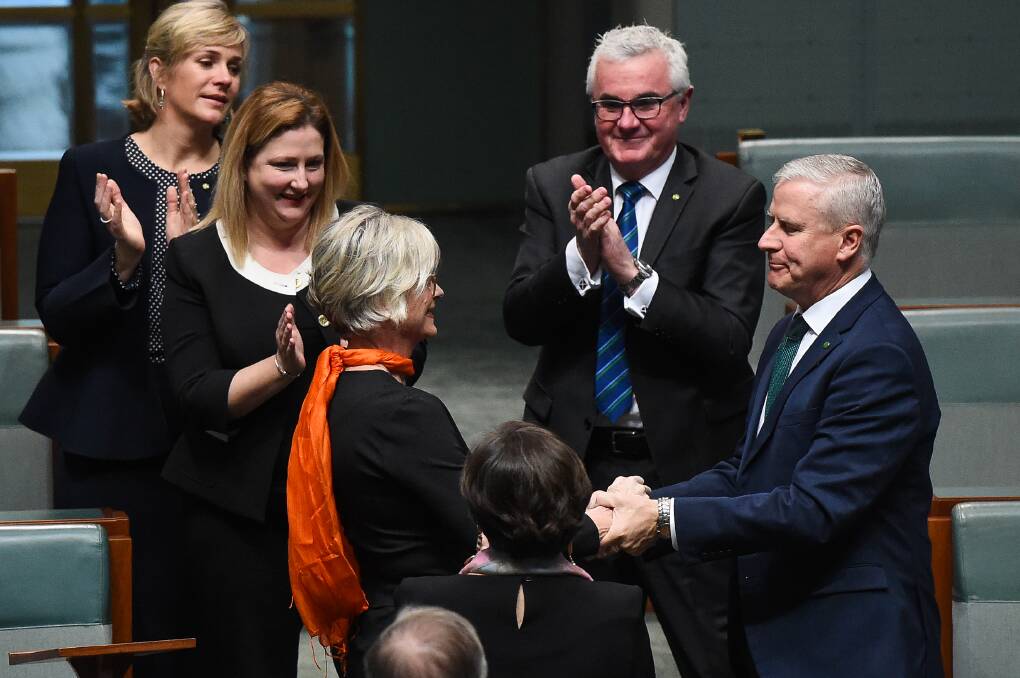 TUMULT: Helen Haines welcomed to parliament by Michael McCormack in 2019.