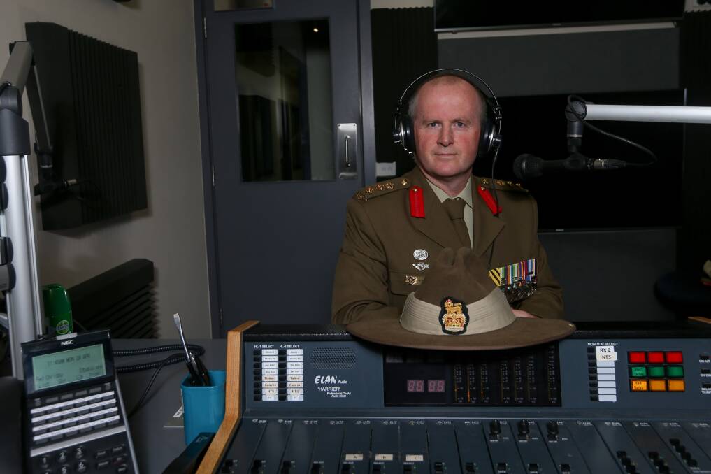 REMEMBER: Colonel Bradley Robertson records his Anzac day address with 2AY Content Director Dave Brunton. Two services, one at 6am and one at 10am, will air on 2AY on Saturday. Picture: TARA TREWHELLA 