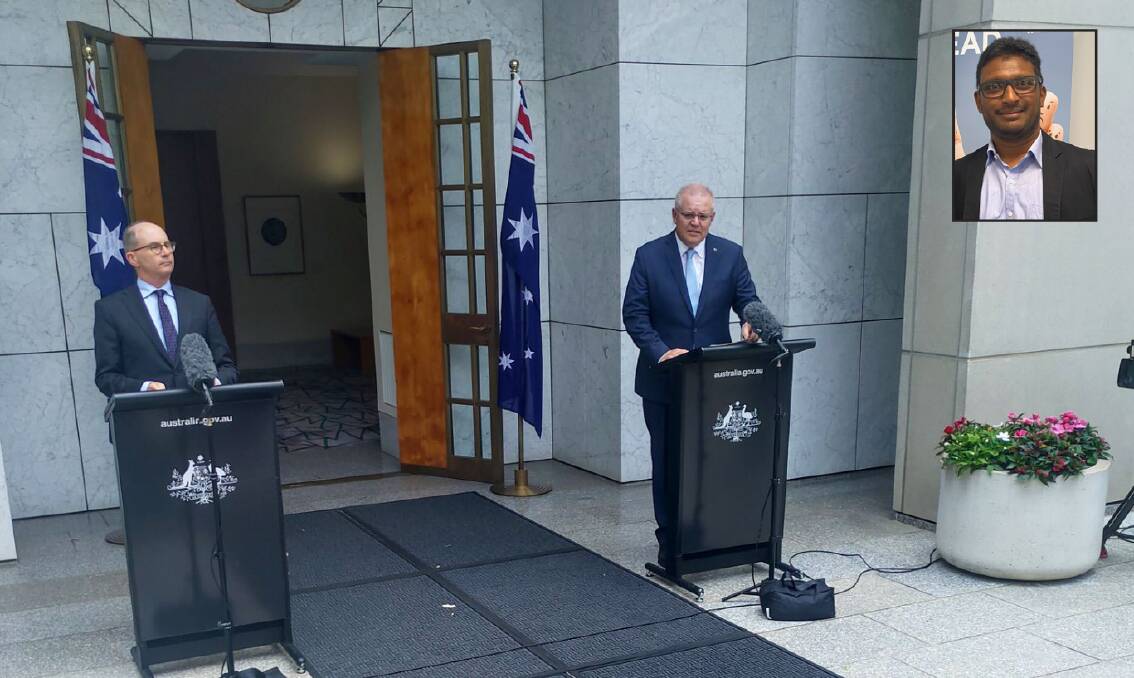 PREPARE: Chief medical officer Paul Kelly, left, and Prime Minister Scott Morrison speaking after a National Cabinet meeting yesterday that discussed the vaccine and new Brisbane virus strain. Inset: Alam Yoosuff 