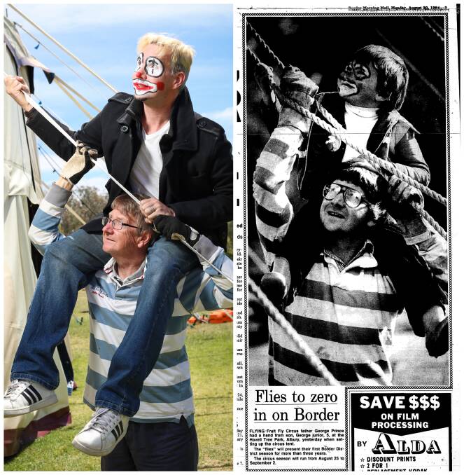 LEFT: Former Fruities George Prince and his son George Jnr in Albury this week. Picture: JAMES WILTSHIRE
RIGHT: George Prince and his son George Jnr put up the big top at Hovell Tree Park in South Albury. This photograph appeared in The Border Mail on August 20, 1984. 