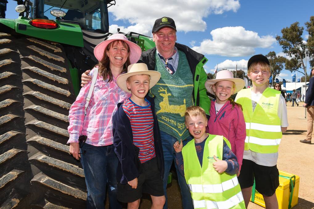 ROYALTY: Mr John Deere, Jono Schulz from Jindera with his family, wife Elizabeth, Tim, 11, Sam, 8, Isabella, 9, and Anna 13. Picture: MARK JESSER