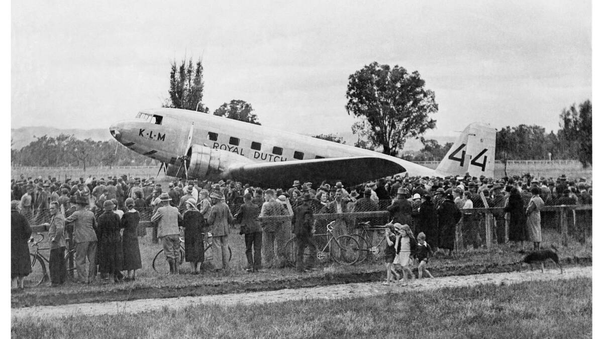 FLYING VISIT: The Uiver at the Albury Racecourse on October 24, 1934. Picture: William Dent (courtesy Edwin Hooke)