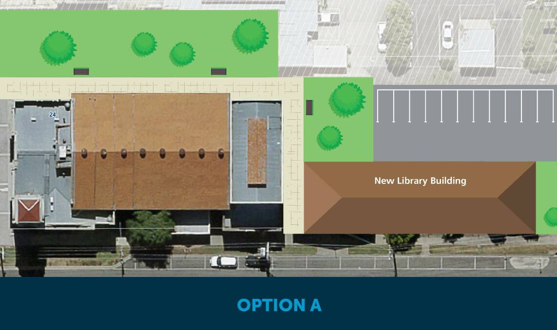 CHOSEN: Option A involves demolishing the Community Hall and Old Kindergarten building to make way for a new library building.