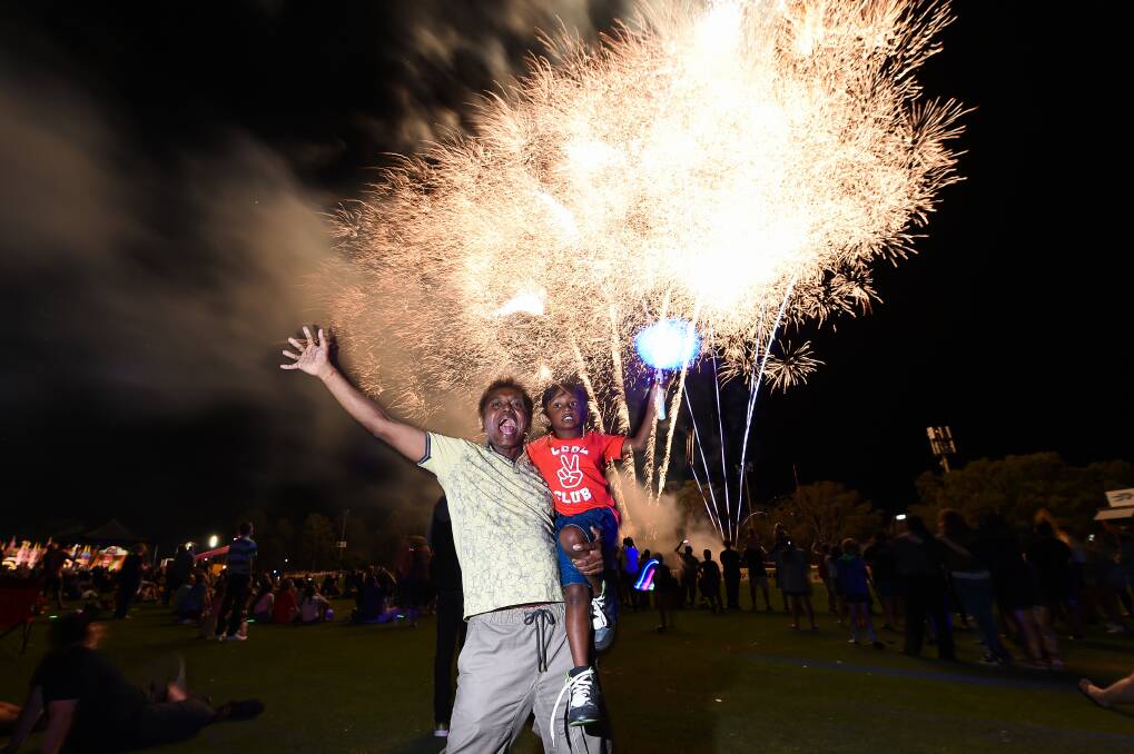 Kapil Pillay and Aaryan, 4, at the 2018 Wodonga fireworks display. 