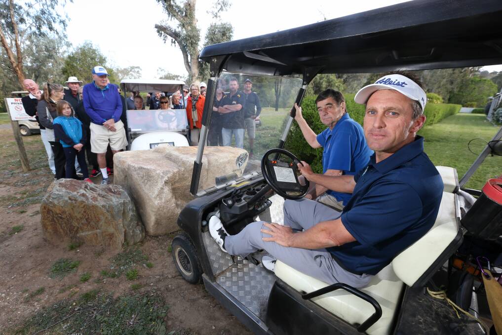ANGRY: Wodonga Golf Club pro Gavin Vearing with Wodonga Ratepayers Association Ian Deegan and members of the club concerned and angry council have blocked a golf course access point. Picture: KYLIE ESLER