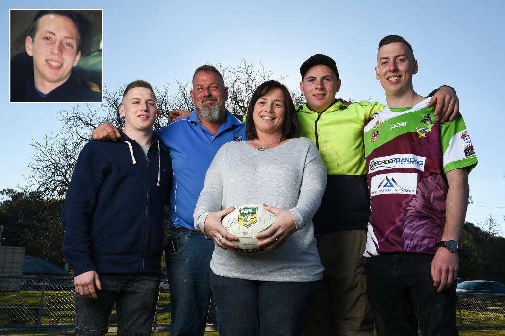 IN OUR HEARTS: The Young family raising awareness for road safety. Bailey, Dion, Kylie, Casey and Aidan. Inset: Darcy Young. Picture: MARK JESSER