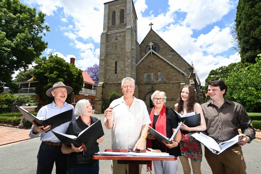 ALL TOGETHER: Murray Conservatorium Choir choristers David Poole, Michele Roberts, Gay St Clair, Venetia Heath and Lachlan McIntyre, with music director Paul Tasker (centre). Picture: MARK JESSER