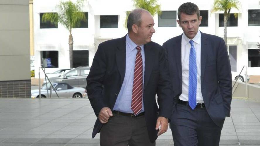 Then Wagga MP Daryl Maguire with then NSW Premier Mike Baird outside council chambers in 2015