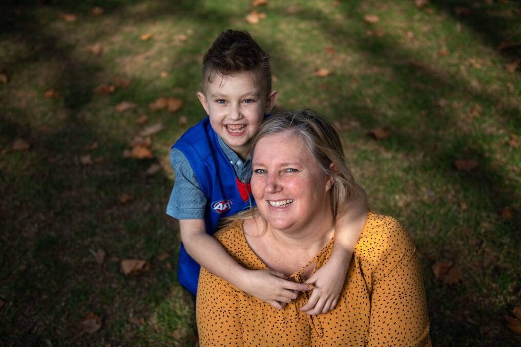 LOVE: Archer, 7, and Nikki Irwin at home in Wodonga during a shoot for the 2019 DonateLife week campaign. Picture: PENNY STEPHENS