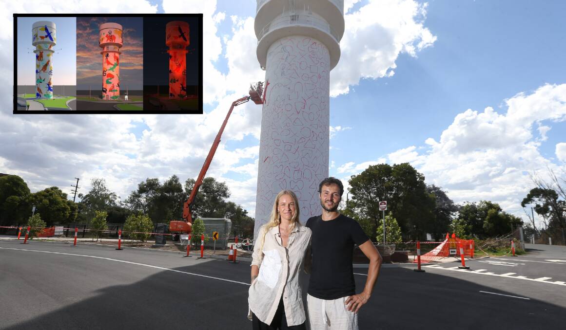 VISION: Think Craft's Sophia Hanover and Alex Post with a rough mark up of the water tower and the design (inset). Picture: TARA TREWHELLA 