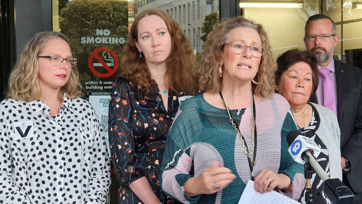 UNITED: Member for Northern Victoria Tania Maxwell with Family violence victim-survivors Michelle Skewes and Jay, victim advocate Lee Little, and MP Stuart Grimley. Picture: SUPPLIED 