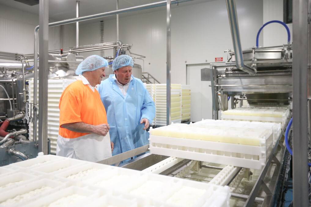 SAY CHEESE: Senior cheese maker Graeme Cook and Riverina Dairy Franck Beaurain watch over production. Picture: JAMES WILTSHIRE