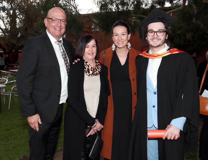CELEBRATE: Wodonga's Rob Groat, Robyn Groat, Amy Kindellan and Sam Groat, who graduated with a Bachelor of Biomedical Science and Community Health. Picture: LES SMITH