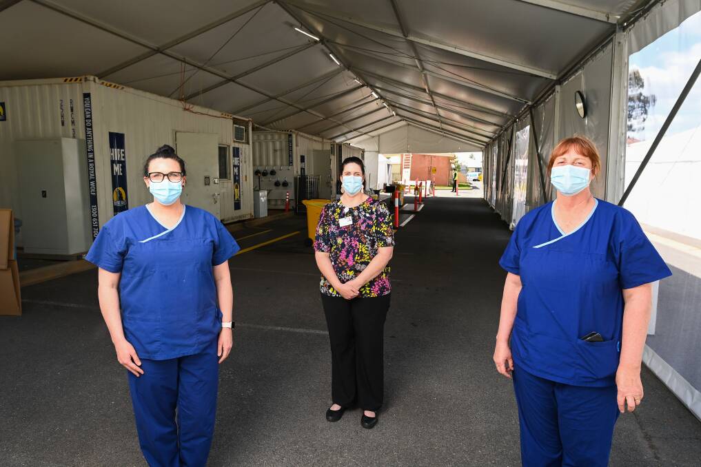 TEAM: COVID services nurse unit manager Caroline Grealy, infection control consultant Leisa Bridges and COVID services team leader Linda Todhunter. Picture: MARK JESSER