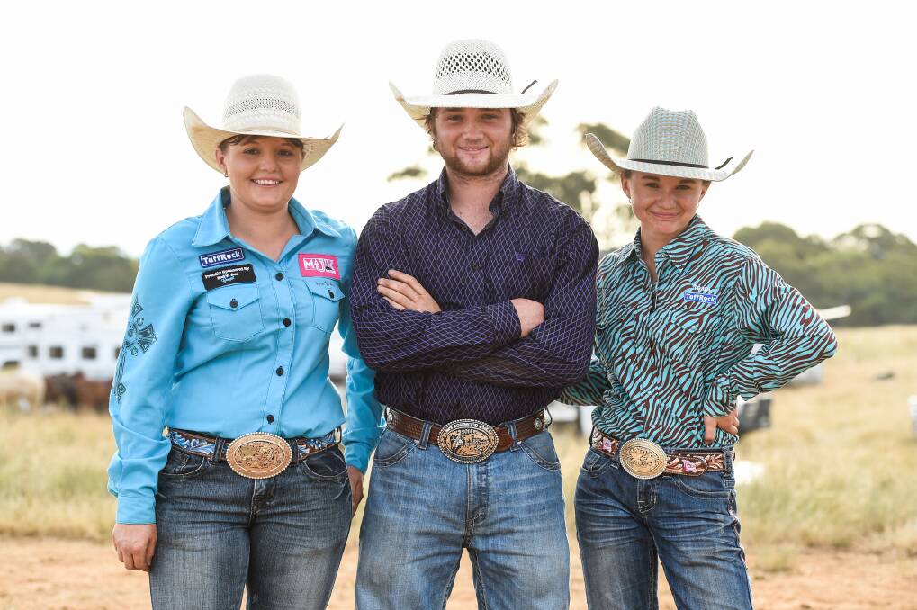 OPTIMISTIC: Siblings Stephanie, Ben and Ellie Gard in 2017 at the Beechworth Rodeo. Ben suffered a broken femur after a fall during the national finals on Saturday. 