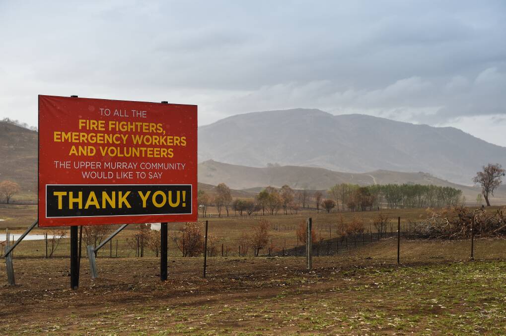 GRATEFUL: A sign erected on the way into Corryong thanks firefighters for their efforts during the Upper Murray bushfire. Bill Tilley has accused the government of ignoring burn off recommendations. Picture: MARK JESSER