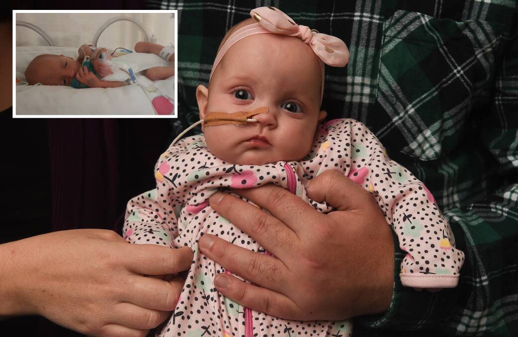 BEAUTY: Charlotte Noonan, now five months, was born weighing only 1204 grams. Inset: Charlotte in the hospital with a dummy designed for premature babies.