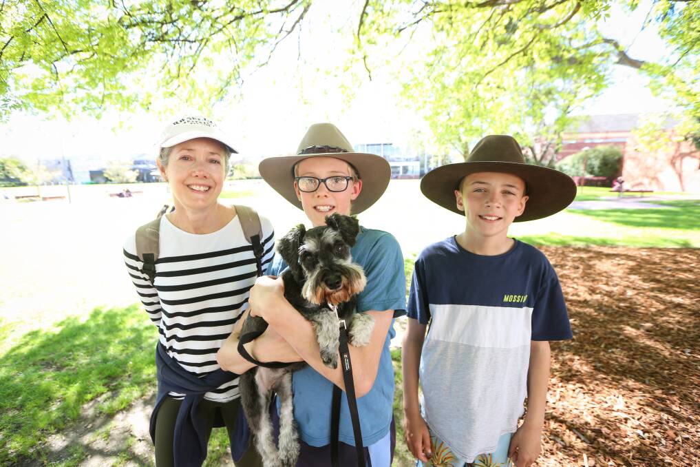 ADVENTURE: Rachel Hardie, Lachie O'Leary, 11, and Baxter Murphy, 12, and Freya the dog together during a day out. Picture: JAMES WILTSHIRE