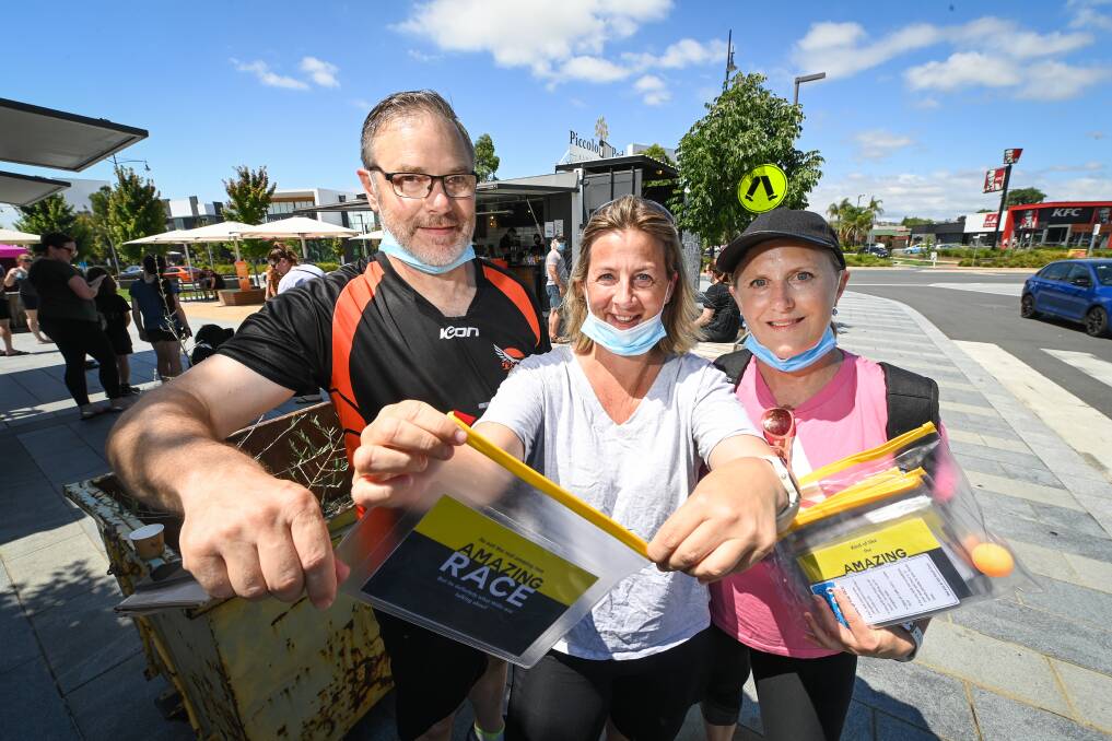 TEAMWORK: Matt Hamilton with Narelle Hamilton and Leonie Hamilton took part in the first ever all-abilities Amazing Race on the Border. Two teams participated and finished within five minutes of each other. Picture: MARK JESSER