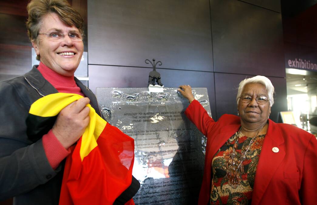 Sister Marie Duffy, a Sister of Mercy, with Rita Wenberg, a member of the Stolen Generation at the unveiling of the Apology artwork in 2008. The work was commissioned by the Sisters of Mercy.  