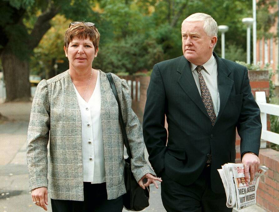 DISTRAUGHT: June and Bob Meredith outside court in Wagga during the trial of Graham Mailes. 