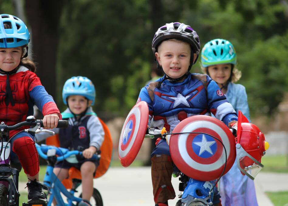 Beau Deverall, 5, as Spidergirl, Luca Calabria, 3, as Paw Patrol, Billie Calabria, 5, as Elsa from Frozen and Edward Bohun, 5, as Captain America.