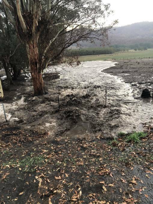 FLASHBACK: Rain flows over burnt out paddocks during an intense 30-minute storm in Nariel Valley in February which caused flooding. Authorities are concerned this weeks rain will cause the same issues. 