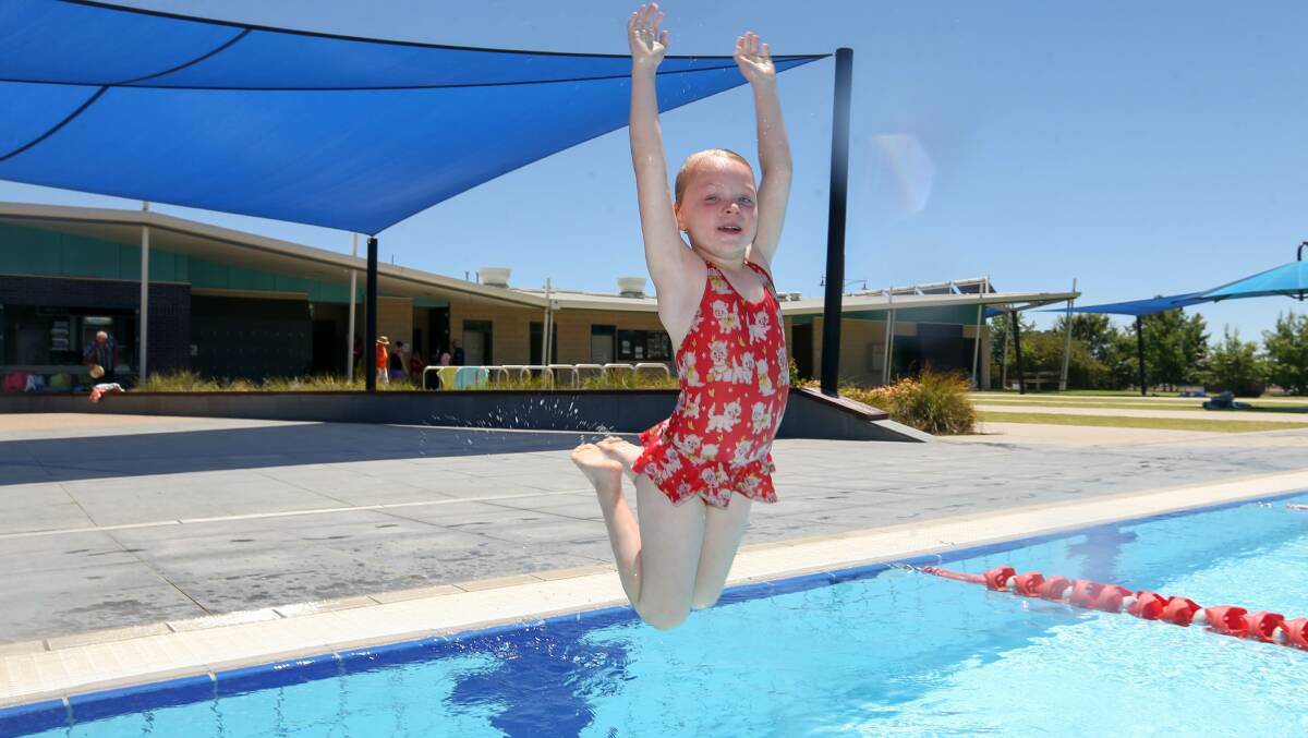 Sienna-Grace Gibson, 6, cools off at Waves Wodonga in December 2019. 