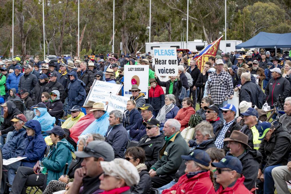 HEAR US: Farmers pack the lawn in front of Parliament House to protest the Murray Darling Basin Plan. Picture: Sitthixay Ditthavong