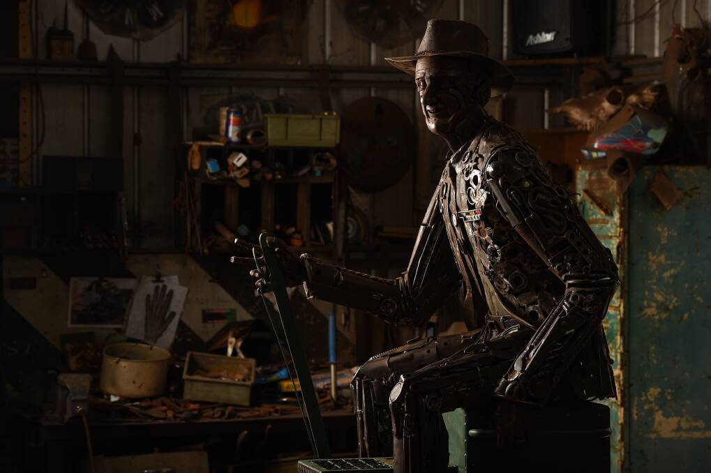 TIN MAN: Urana artist Andrew Whitehead's sculpture of Tim Fischer will be unveiled on Sunday in its permanent home in Boree Creek. Picture: MARK JESSER 