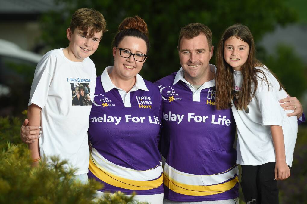 INSPIRED BY LOVE: Brooklyn Gouveia, 11, Bec Gouveia, David Milton and Isobella Gouveia, 8, who will march and speak on behalf of their grandmother and mother, the 2017 Relay for Life Hero, Sandra Milton. Picture: MARK JESSER