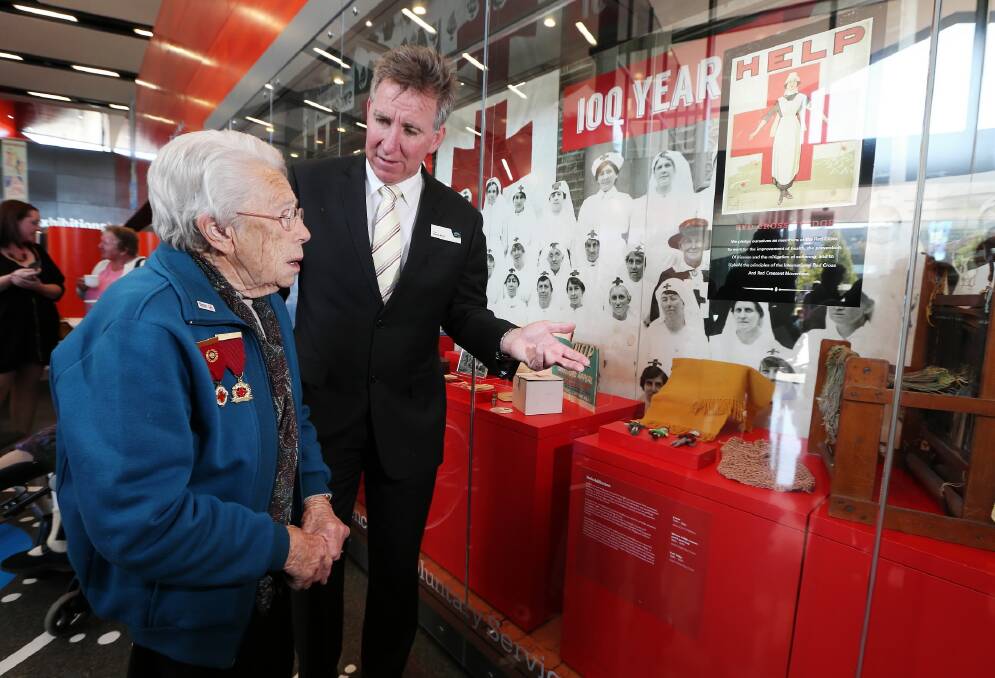 The Red Cross: 100 Years exhibition tells the story of the world’s largest humanitarian movement. It’s at the Albury Library Museum until May 31 next year. Pictured: Gloria Feuerherdt with Albury mayor Kevin Mack at the exhibition's opening earlier this month. Picture: JOHN RUSSELL