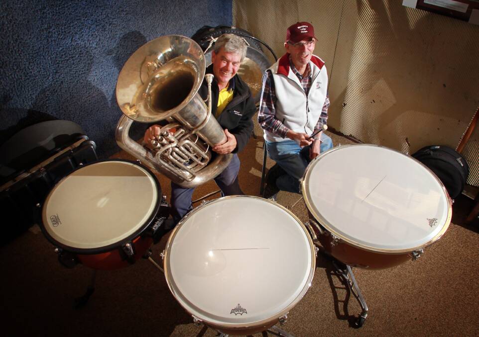 Wodonga Brass stalwarts Vince Davide and Greg Morris get in tune for the band's big fund-raiser concert at The Jazz Basement, Wodonga, 7.30pm Saturday, October 4 (bar open 7pm, meals available at the nearby La Maison Cafe). Picture: KYLIE ESLER