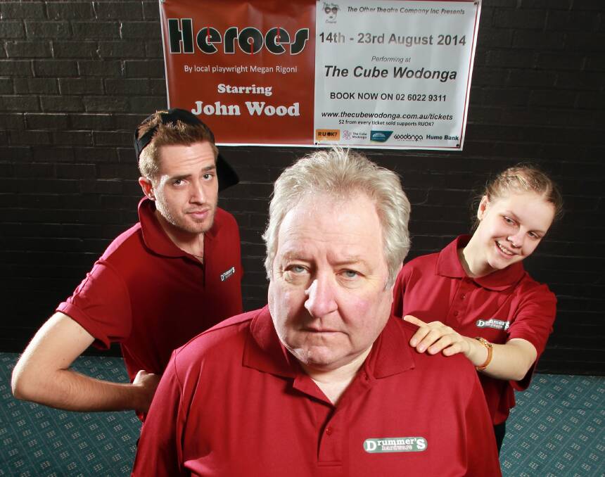 Don't miss your final chance to see John Wood starring in the Megan Rigoni comedy Heroes, Thursday, August 21, Friday, August 22 or Saturday, August 23 at The Cube Wodonga. Pictured: Aaron Bykerk (who plays Dexter), John Wood (Johnno) and  Ayesha Harris-Westman (Alice). Picture: KYLIE ESLER