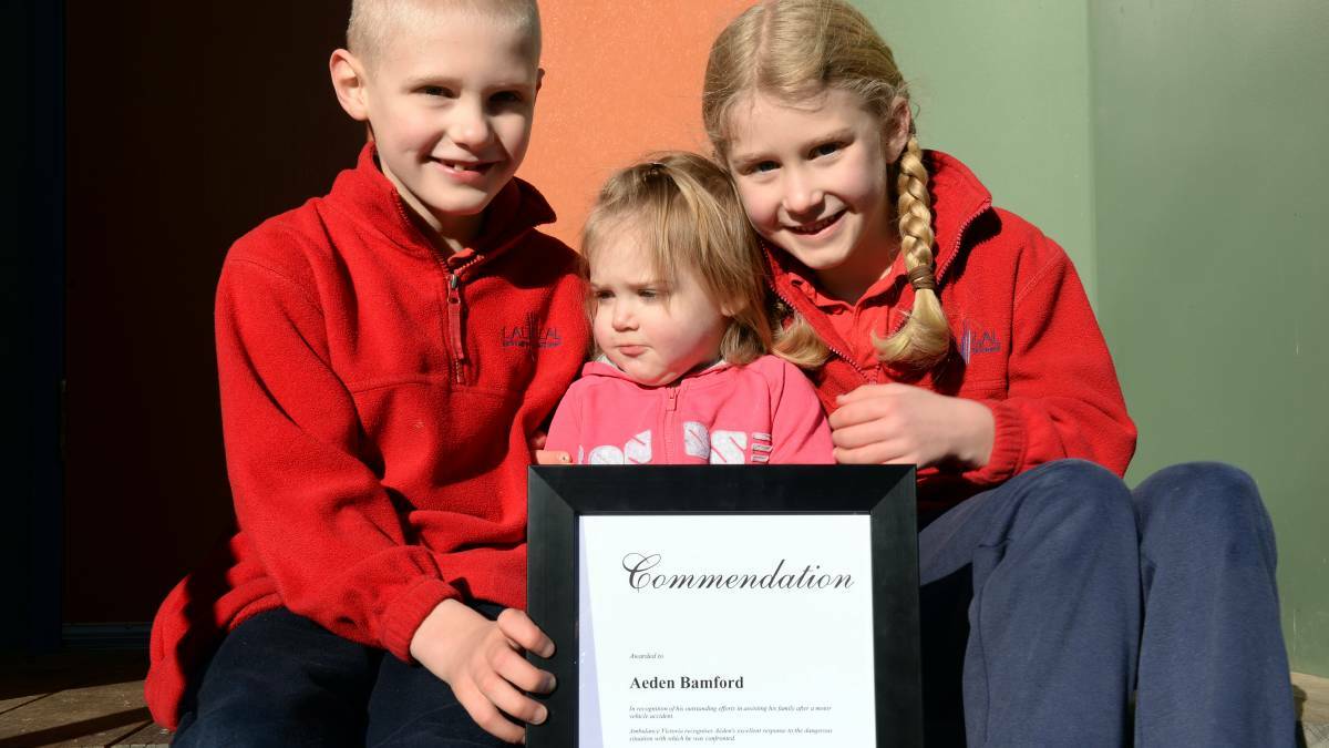 Aedan Bamford (seven) and his younger sisters Paige (one) and Alyssa (six) survived what could have been a horrific car crash in April. Picture: Kate Healy