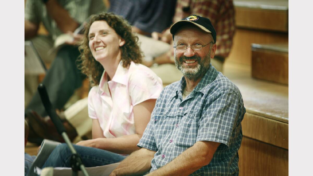Sally Permezel and Tom Lebner from Corryong have a laugh at the bull sale at the Wodonga Showgrounds. Picture: SIMON GROVES