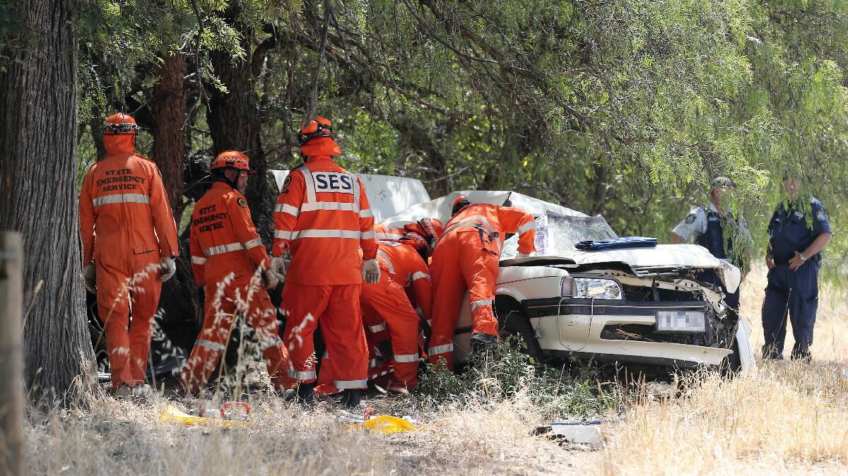 The scene of the crash on the Culcairn-Holbrook Road yesterday. Police say they believe fatigue may have caused the crash that claimed the life of Carlene Kuhle. Picture: JOHN RUSSELL