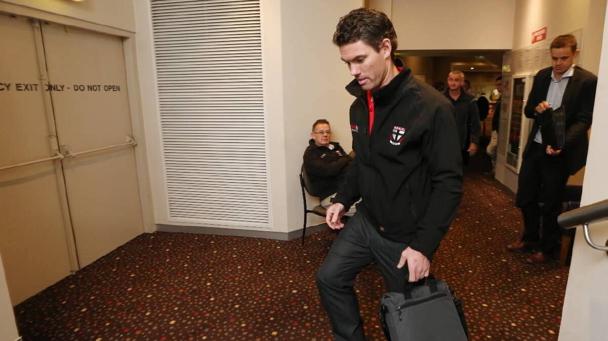 Myrtleford football coach Leigh Corcoran enters the O&M tribunal last night. Picture: JOHN RUSSELL