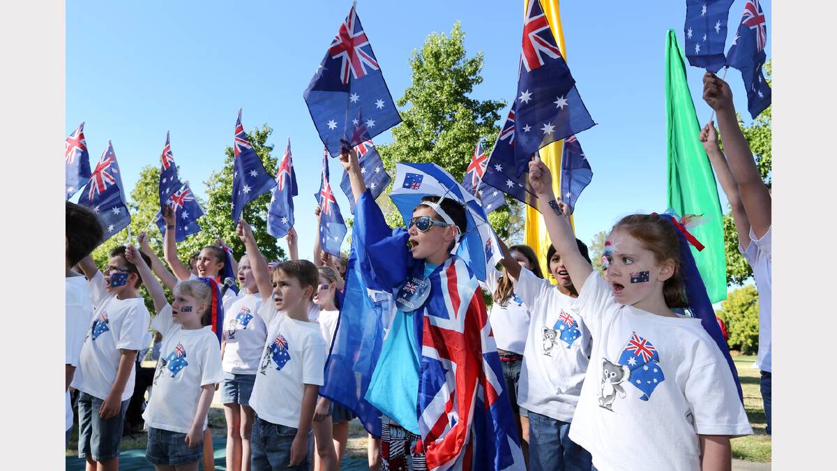 Wodonga. Australia Day celebrations. Students from Wodonga Primary School sing the national anthem as part of the Australia Day Choir.