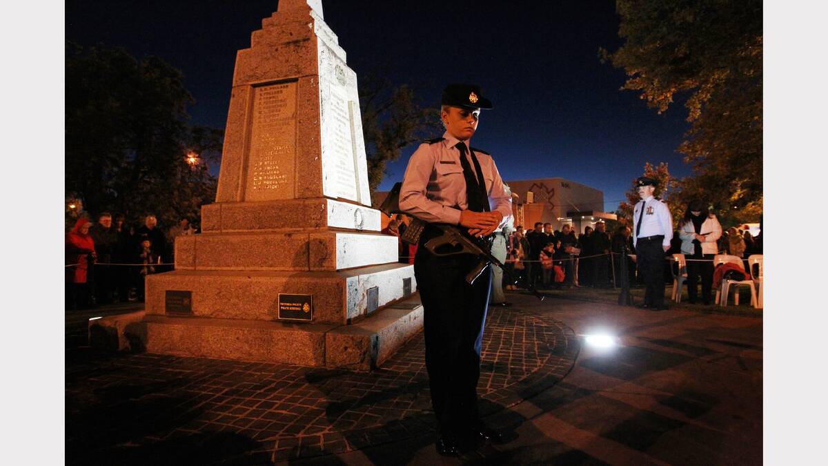 A member of the catafalque party stands guard at the Wodonga dawn service at Woodland Grove.