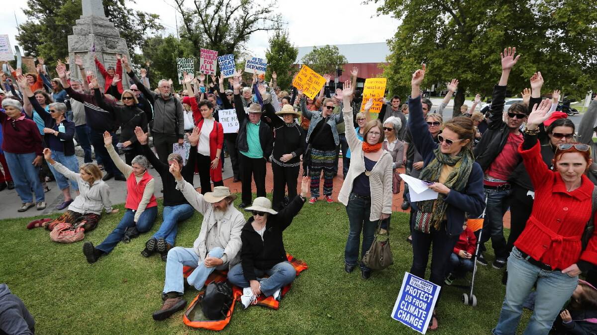 Wodonga’s anti-government protesters express their objections to policies of the Abbott government. Pictures: MATTHEW SMITHWICK